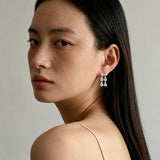 Dual Row Hammered Bezel Cubic Zirconia Tassel Drop Stud Earrings