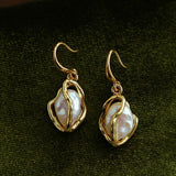 Wrapped Gold Frame Natural Baroque Pearl Drop Earrings