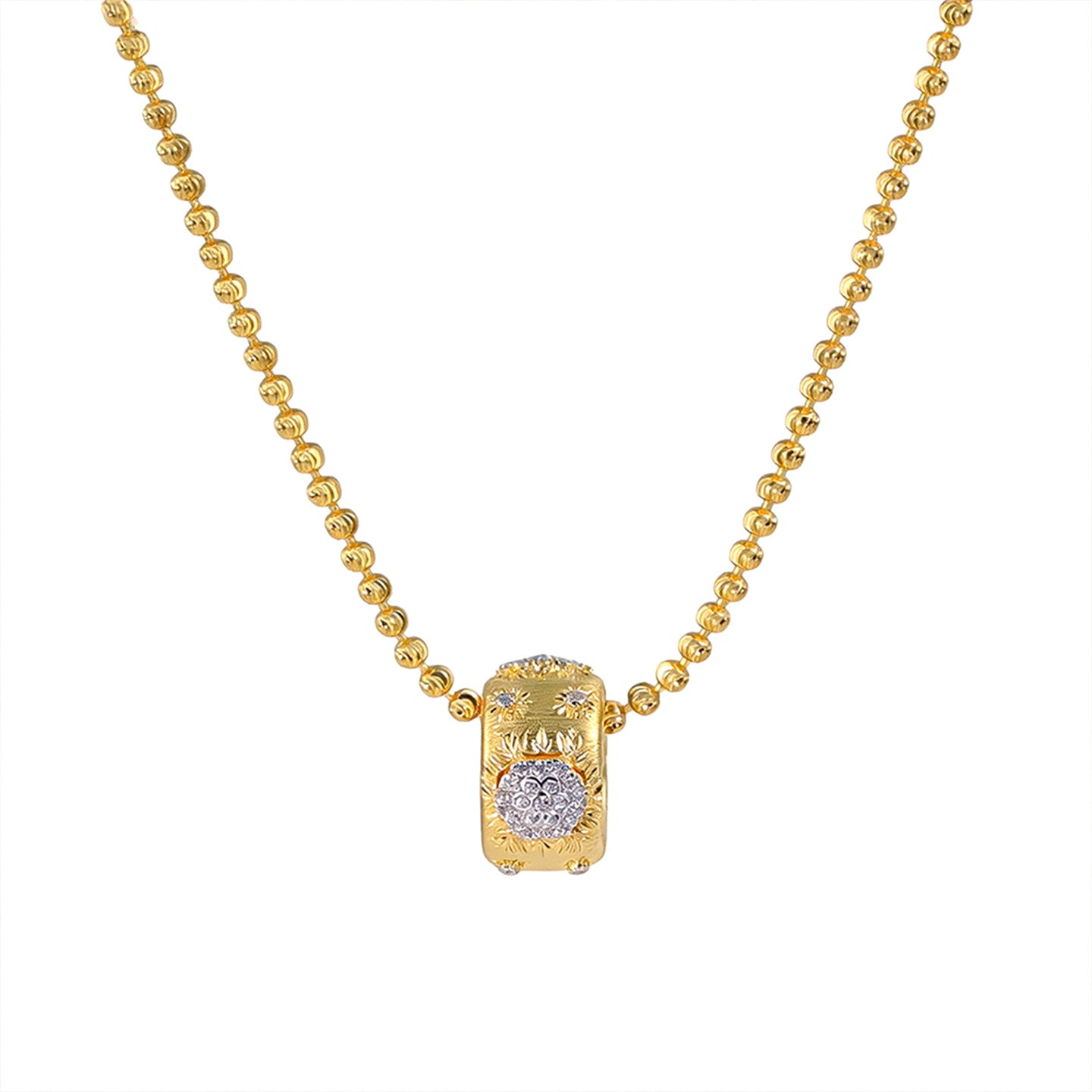 Gold brushed floral cubic zirconia pendant necklace on white background