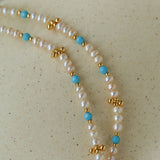 Original Design Freshwater Pearl & Blue Turquoise Tiny Flower Beaded Bracelet