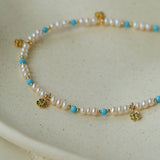 Original Design Freshwater Pearl & Blue Turquoise Tiny Flower Beaded Bracelet