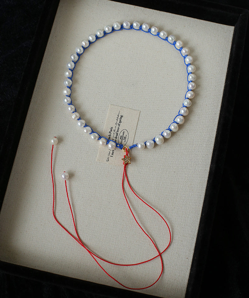Luminous Star Adjustable Cord Pearl Necklace - Hand-Woven Floating Freshwater Pearl Choker