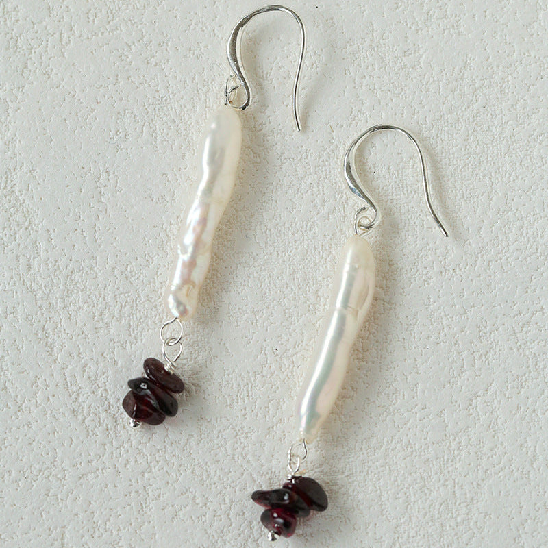 Freshwater toothpick pearl drop earrings with burgundy garnet accents