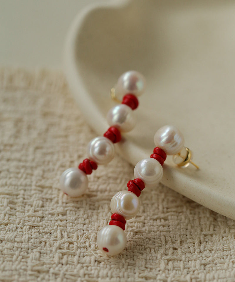 Natural Pearl Knotted Leather Earrings