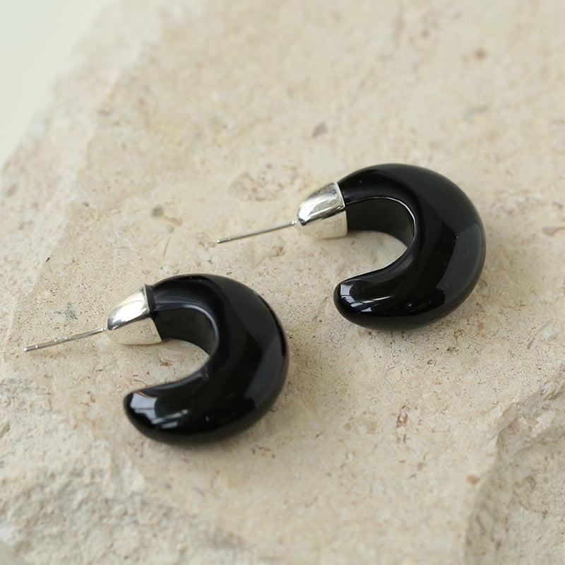 Boucles d'oreilles Huggie Lune Onyx Noir-Or