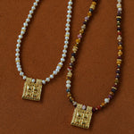 Pearl and multicolor natural stone square pendant necklaces