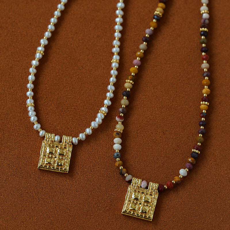 Pearl and multicolor natural stone square pendant necklaces