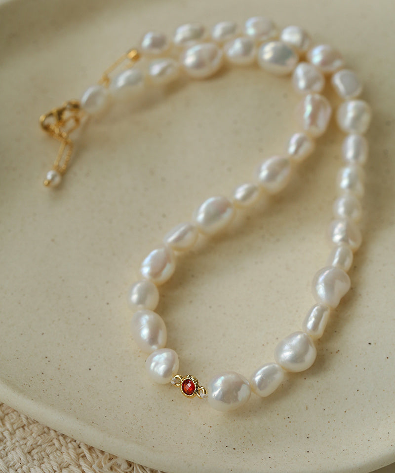 Mid-Century Vibe Irregular Freshwater Pearl Color Zircon Necklace