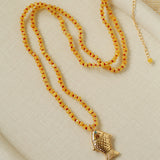 Natural Stone Bead / Plain Metal Chain Gold Fish Pendant Long Necklace