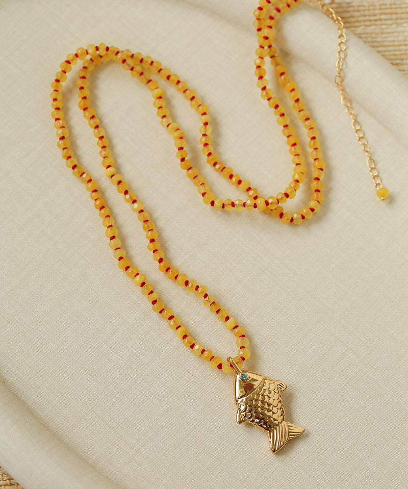 Natural Stone Bead / Plain Metal Chain Gold Fish Pendant Long Necklace