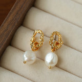 Vintage Lava Textured Double Interlock Ring Pearl Drop Earrings