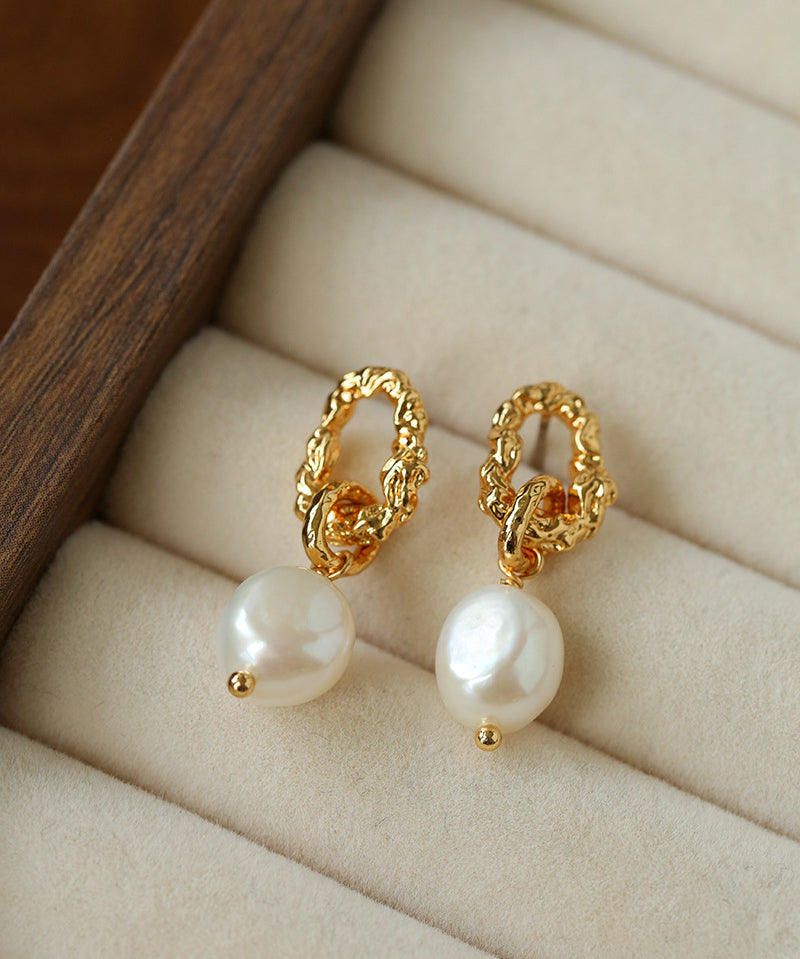 Vintage Lava Textured Double Interlock Ring Pearl Drop Earrings