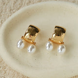 French Vintage Hammered Gold Double Pearl Drop Earrings | Vintage French Ear Jewelry