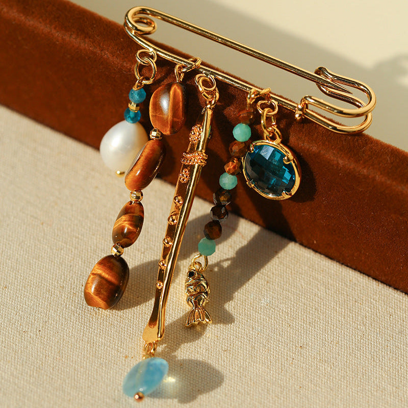 Vintage Mixed Gemstone Charm Safety Pin Brooch