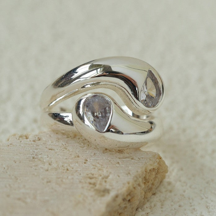 Fluid Teardrop Cubic Zirconia Open Ring