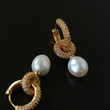 Natural Freshwater Pearl and Cubic Zirconia Interlocking Hoop Earrings