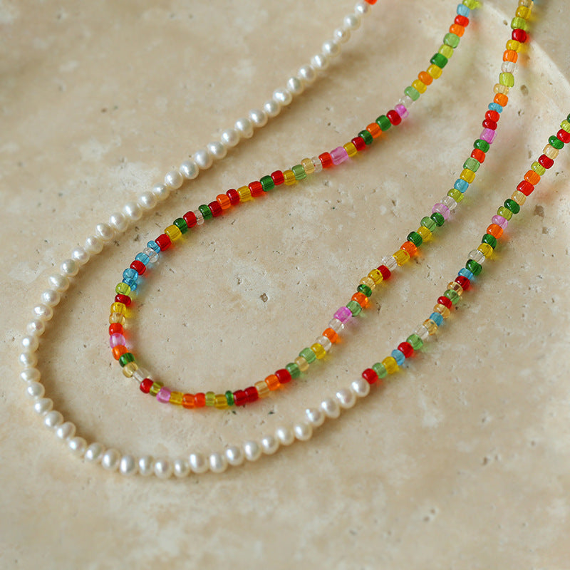 Two-piece colourful glass bead and freshwater pearl necklace layering set