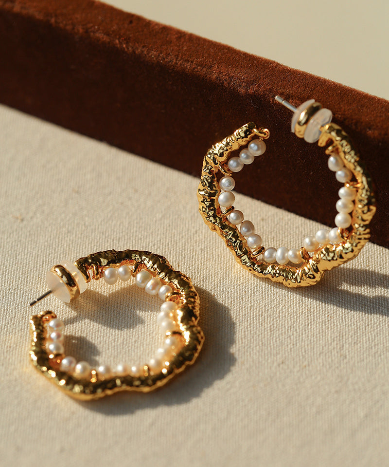 Textured Molten Metal C-Shaped Hoop Earrings with Freshwater Pearl Gemstones
