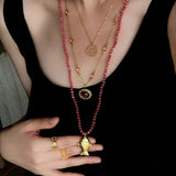 Natural Stone Bead / Plain Metal Chain Gold Fish Pendant Long Necklace