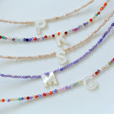 Mother-of-Pearl Initial Colorful Zircon Beaded Necklace