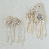 Textured Silver Vertical Stripe Shell Fringe Tassel Drop Earrings