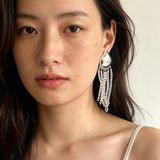 Asymmetric Polished Silver Leaf Long Tassel Earrings