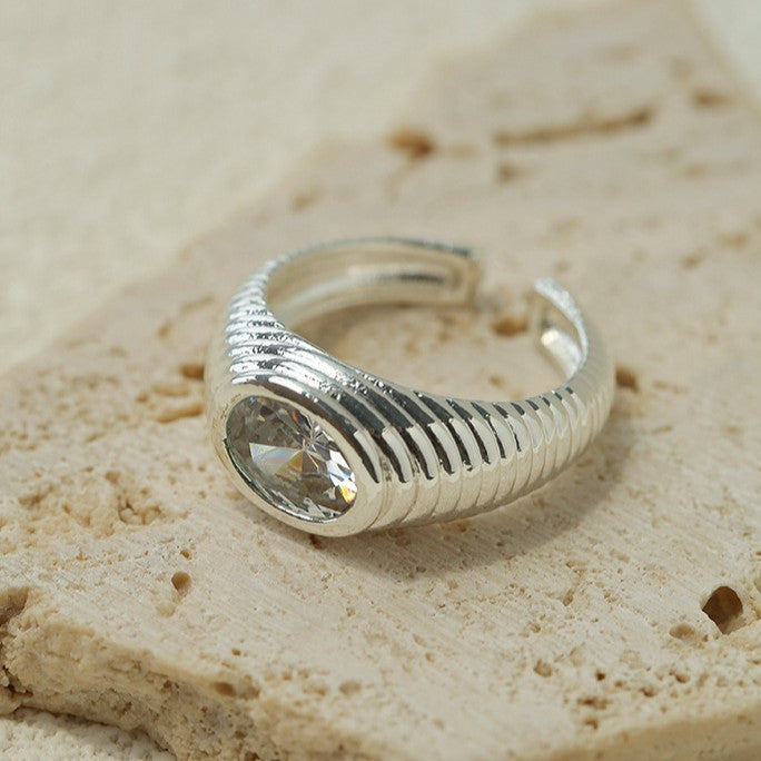 Vintage Ribbed Oval Cubic Zirconia Open Ring