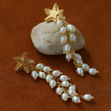 Textured starfish earrings with cascading pearl strands