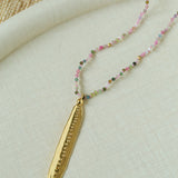 Hand‑Strung Micro‑Bead Hammered Bar Pendant Long Necklace