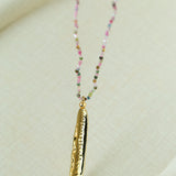 Hand‑Strung Micro‑Bead Hammered Bar Pendant Long Necklace