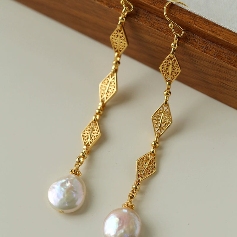 Pendientes Vintage Franceses Calados de Perlas Barrocas Colgantes