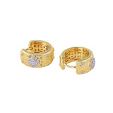 Gold brushed floral cubic zirconia hoop earrings on white background