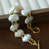 Square Baroque Natural Freshwater Pearl OT Toggle Clasp Statement Bracelet