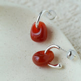 Oval Natural Red Agate And White Agate C-Shaped Earrings