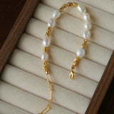 Crinkled Metal Link Smooth Freshwater Pearl Adjustable Wrist Bracelet