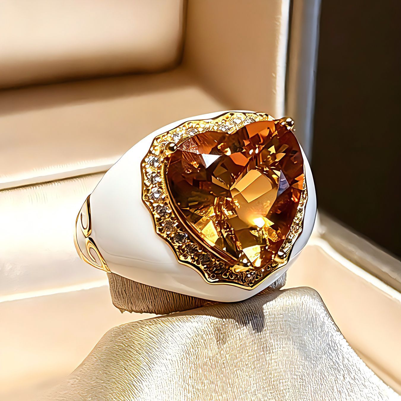 Retro Old Money Heart Citrine Statement Ring - Textured 18K Gold Plated S925 Silver Band