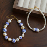 Blue and White Porcelain Freshwater Pearl Beaded Bracelet | Oriental Minimalist Luxury Jewelry