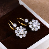 Black-and-Gold Floral Halo Cubic Zirconia Earrings - front product view | Floysun