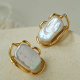 Hollow Lace Frame Baroque Pearl Stud Earrings - Gold