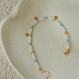 Original Design Freshwater Pearl & Blue Turquoise Tiny Flower Beaded Bracelet