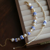 Blue and White Porcelain Freshwater Pearl Beaded Bracelet | Oriental Minimalist Luxury Jewelry