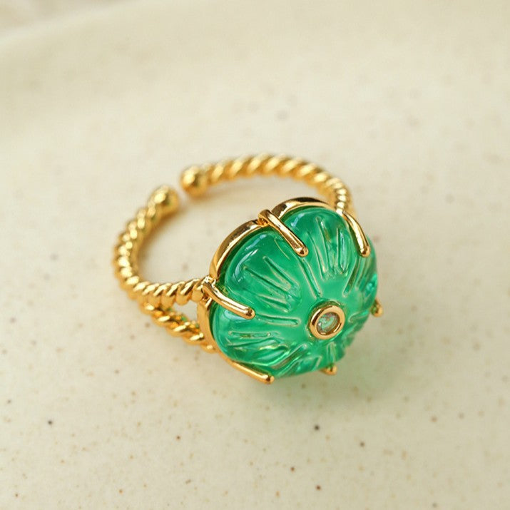 Handcrafted Glass Flower Dome Ring - 18K Gold Plated Brass Romantic Floral Adjustable Ring