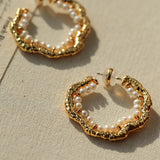 Textured Molten Metal C-Shaped Hoop Earrings with Freshwater Pearl Gemstones