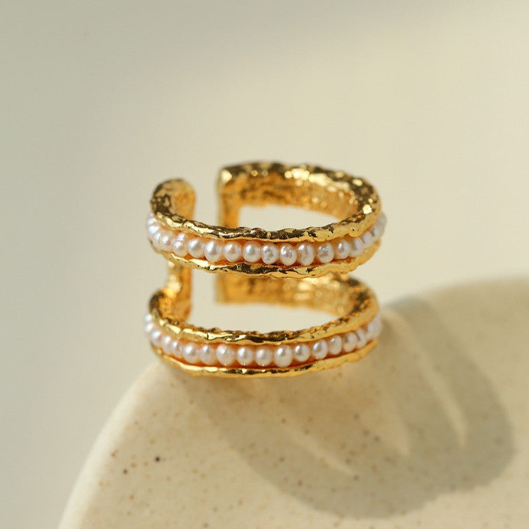Natural Freshwater Pearl Molten Texture Open Ring