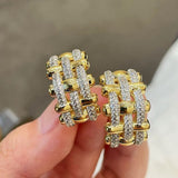 Two-Tone Woven Grid Paved Hoop Earrings