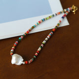 Rainbow Natural Stone Beaded Necklace with Baroque Pearl