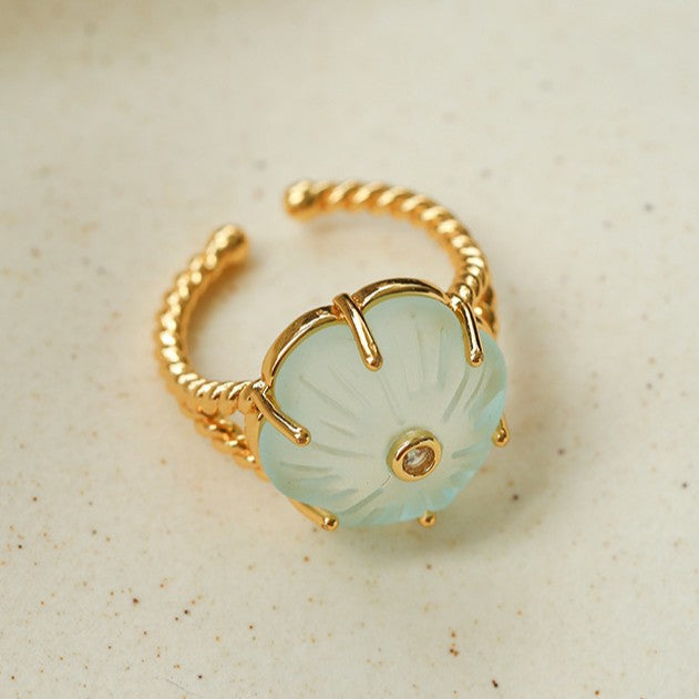 Handcrafted Glass Flower Dome Ring - 18K Gold Plated Brass Romantic Floral Adjustable Ring