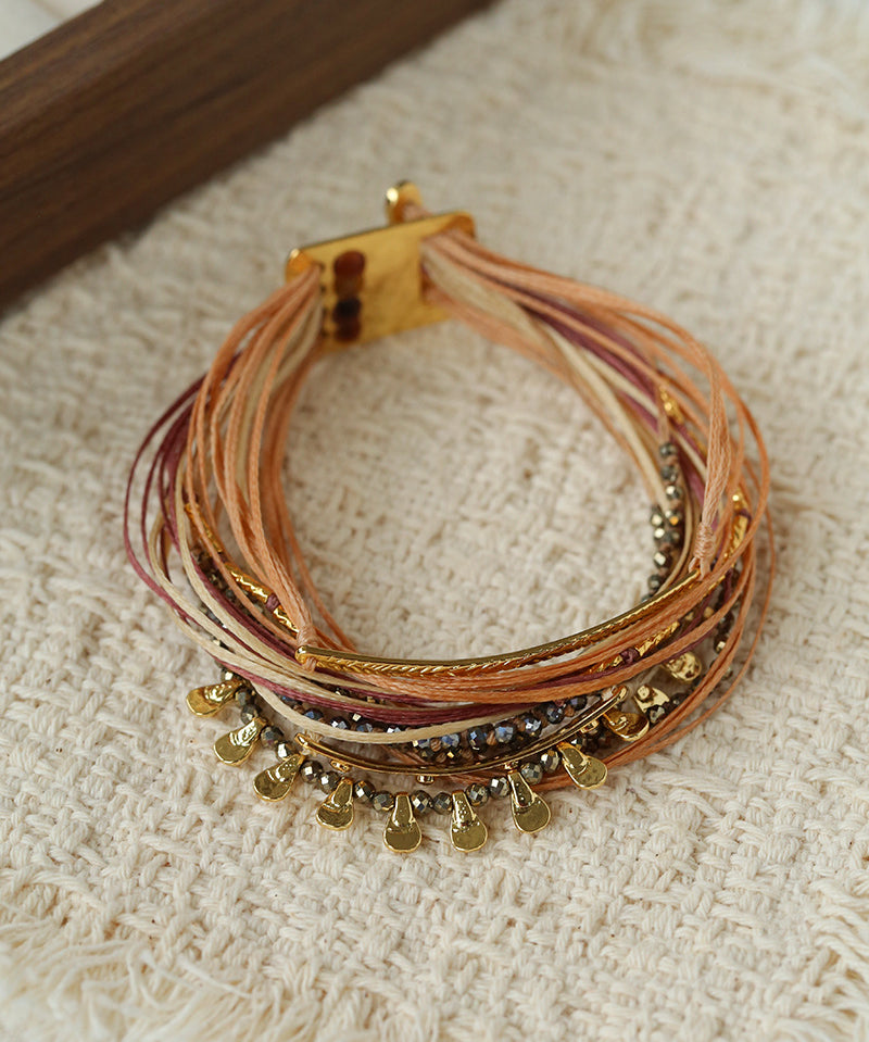 Multi-Strand Boho Woven Cord Natural Stone Coin Bracelet