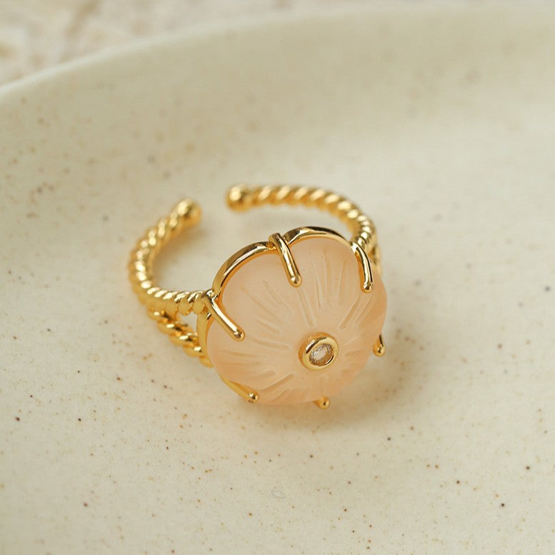 Handcrafted Glass Flower Dome Ring - 18K Gold Plated Brass Romantic Floral Adjustable Ring