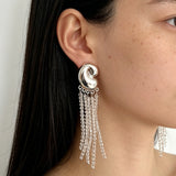 Sculptural Mirror Silver Conch Long Tassel Earrings